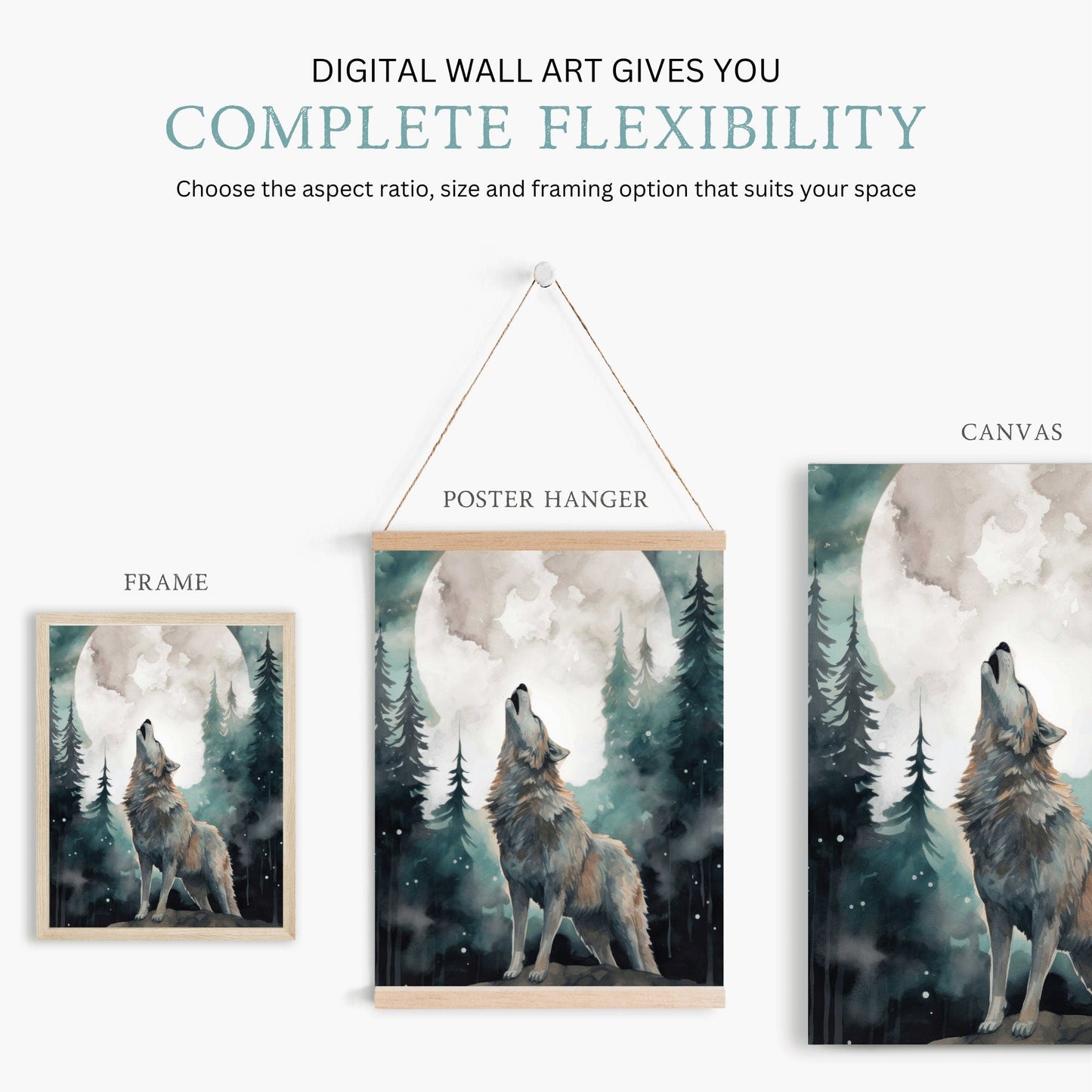 Wolf Art Print, Forest Moon Scene, Woodland Wall Decor, Watercolor Design - WildfieldPrints