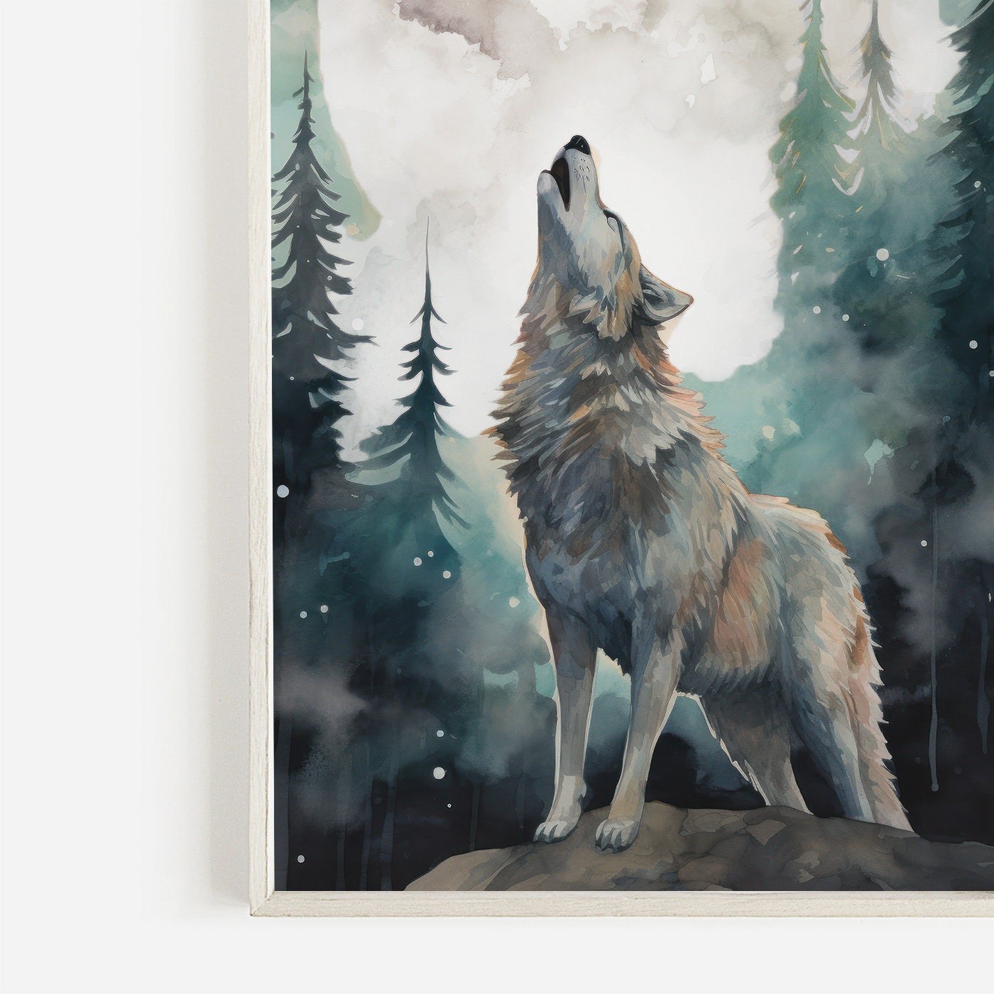 Wolf Art Print, Forest Moon Scene, Woodland Wall Decor, Watercolor Design - WildfieldPrints