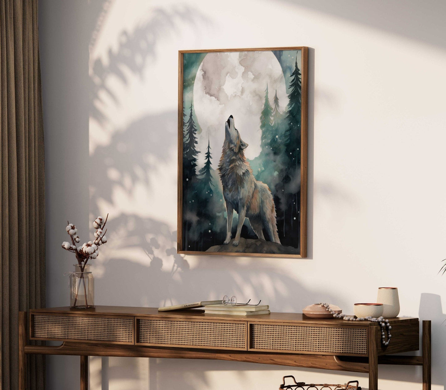 Wolf Art Print, Forest Moon Scene, Woodland Wall Decor, Watercolor Design - WildfieldPrints