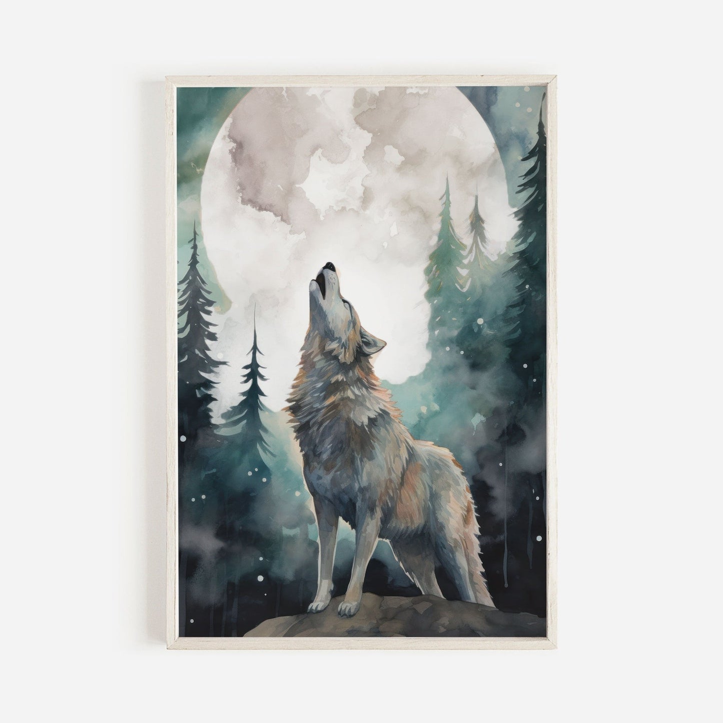 Wolf Art Print, Forest Moon Scene, Woodland Wall Decor, Watercolor Design - WildfieldPrints