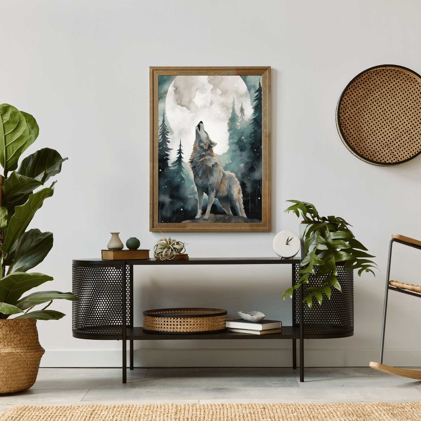 Wolf Art Print, Forest Moon Scene, Woodland Wall Decor, Watercolor Design - WildfieldPrints