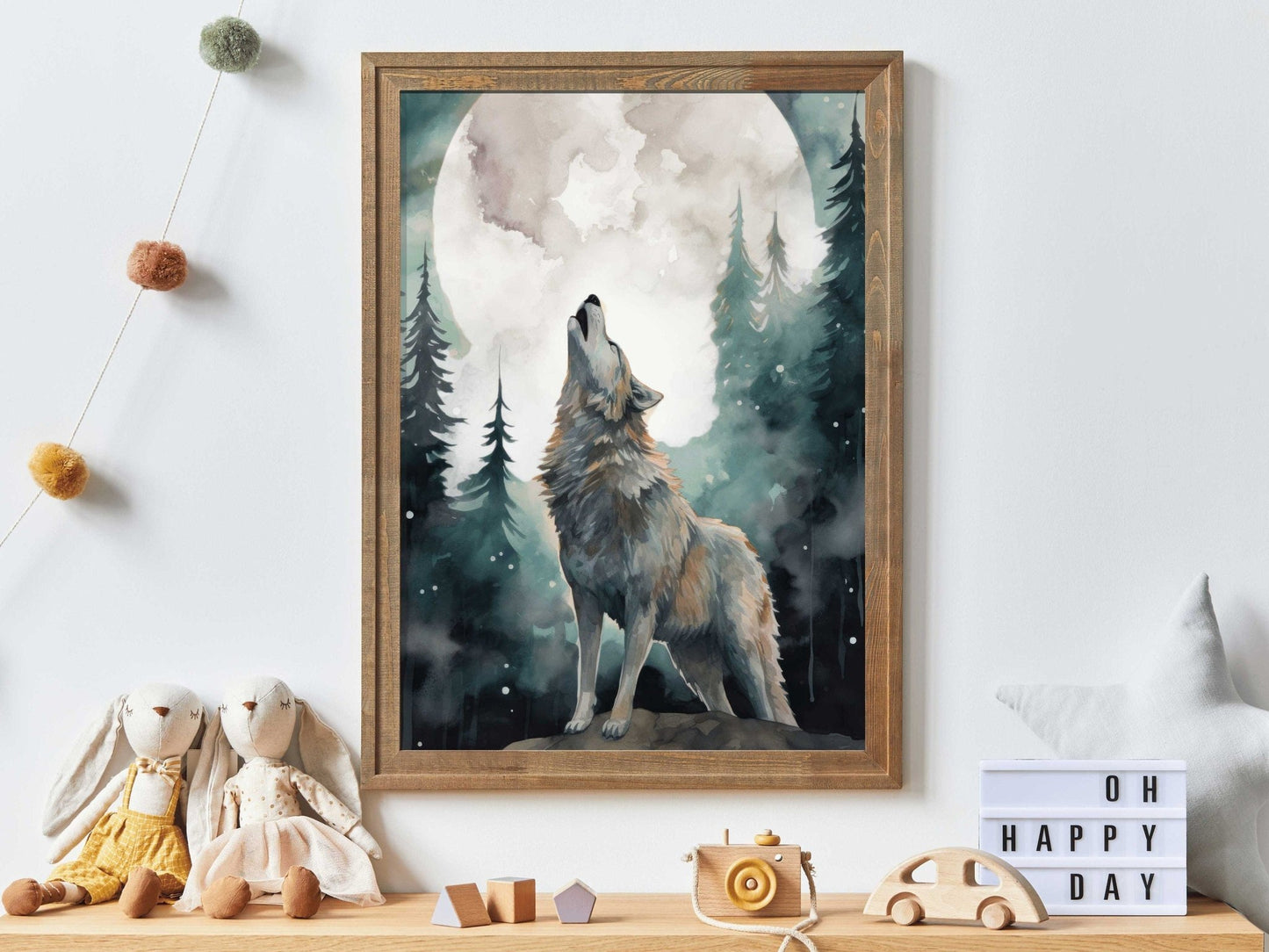 Wolf Art Print, Forest Moon Scene, Woodland Wall Decor, Watercolor Design - WildfieldPrints