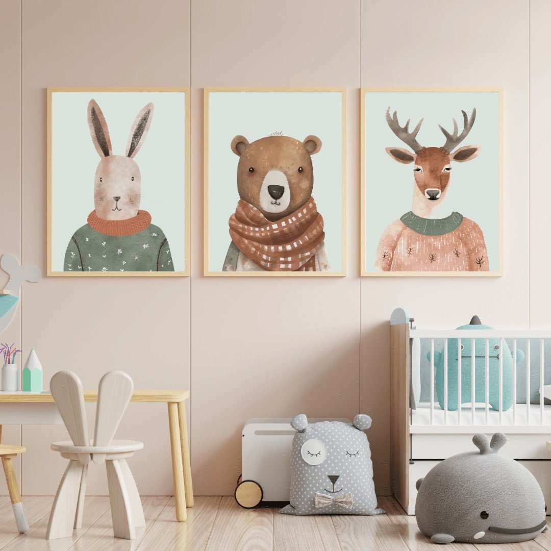 Woodland Animal Prints, Nursery Animal Decor, Bunny, Bear & Deer - WildfieldPrints