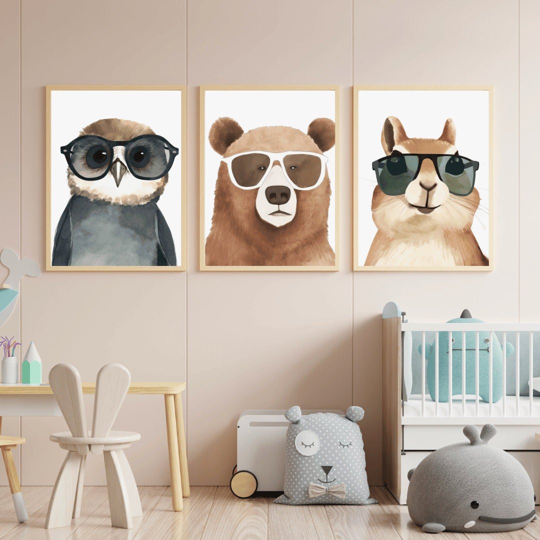 Woodland Animal Wall Art, Bear, Squirrel & Owl Prints, Kids Room Decor - WildfieldPrints