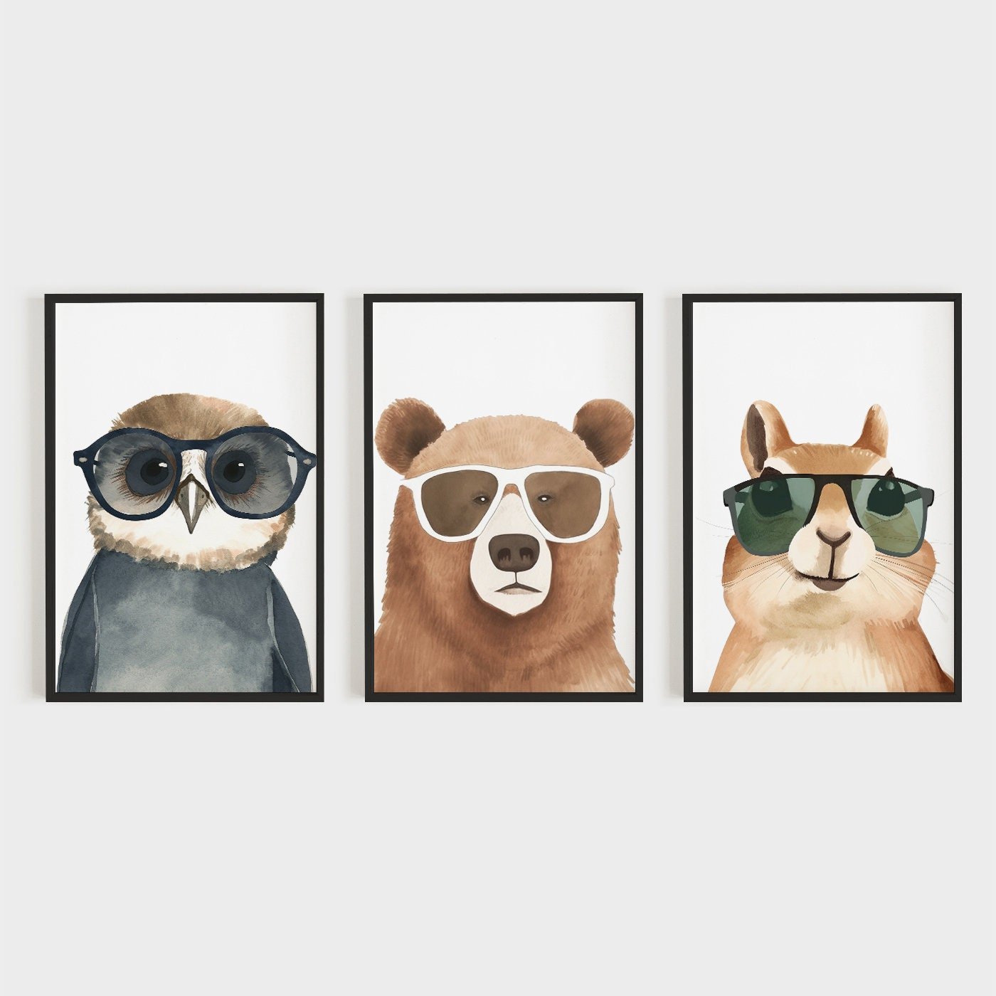 Woodland Animal Wall Art, Bear, Squirrel & Owl Prints, Kids Room Decor - WildfieldPrints