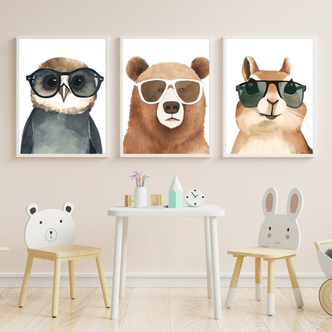 Woodland Animal Wall Art, Bear, Squirrel & Owl Prints, Kids Room Decor - WildfieldPrints