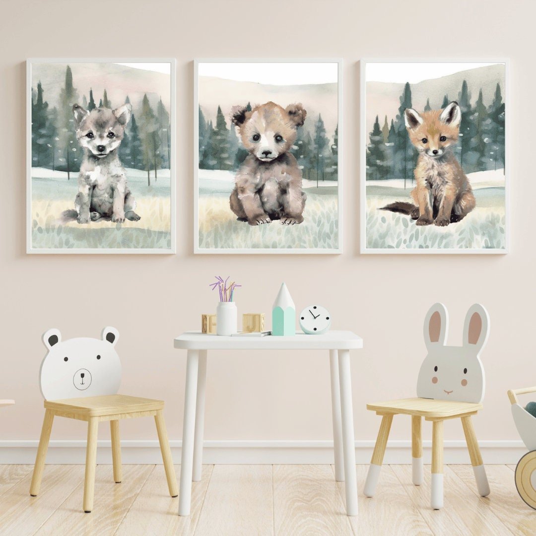 Woodland Baby Animal Nursery Wall Art, Bear, Wolf & Fox Decor - WildfieldPrints