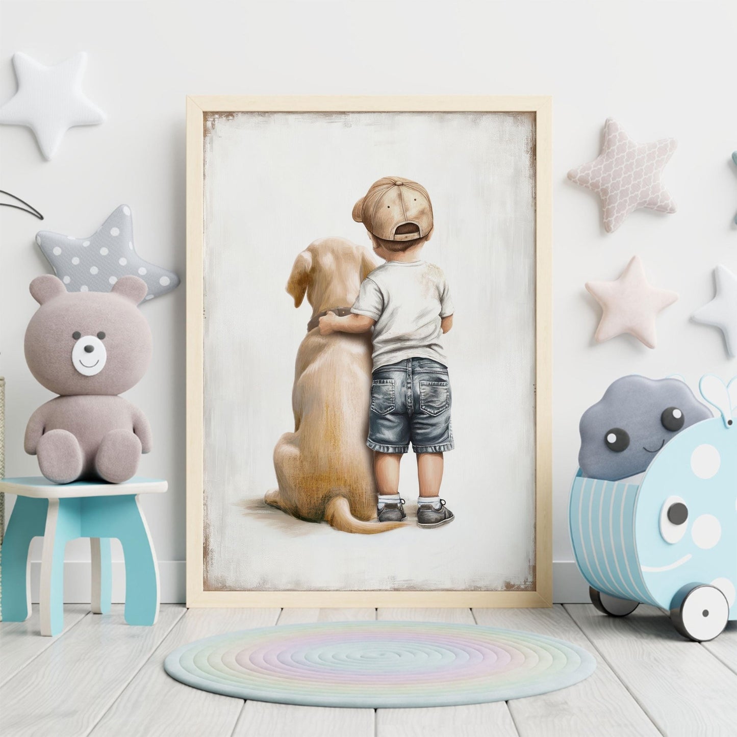 Yellow Labrador Nursery Decor, Boy and Dog Wall Art, Labrador Print - WildfieldPrints