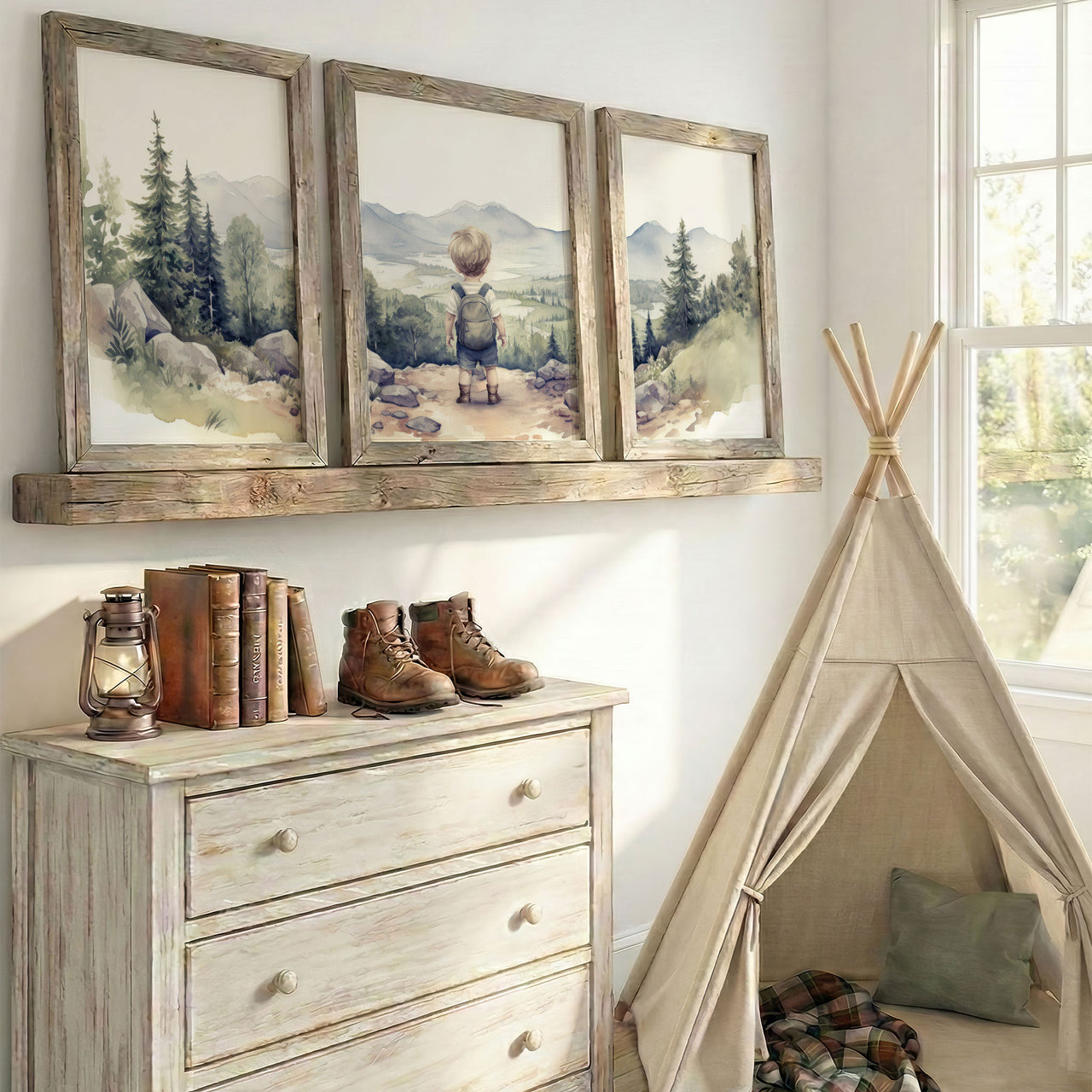 Little Boy Hiker Wall Art – Adventure Boys Room Print • Set of 3