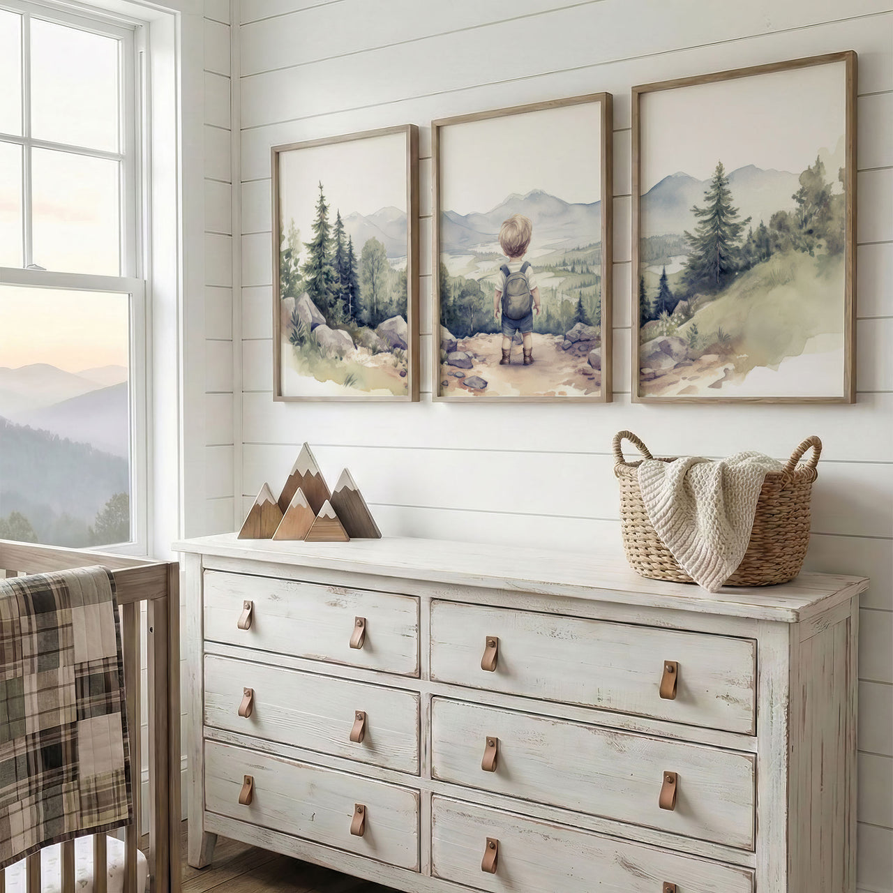 Little Boy Hiker Wall Art – Adventure Boys Room Print • Set of 3