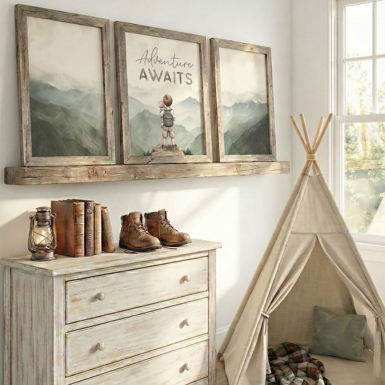 'Adventure Awaits' Mountain Wall Art – Adventure Boys Room Prints • Set of 3