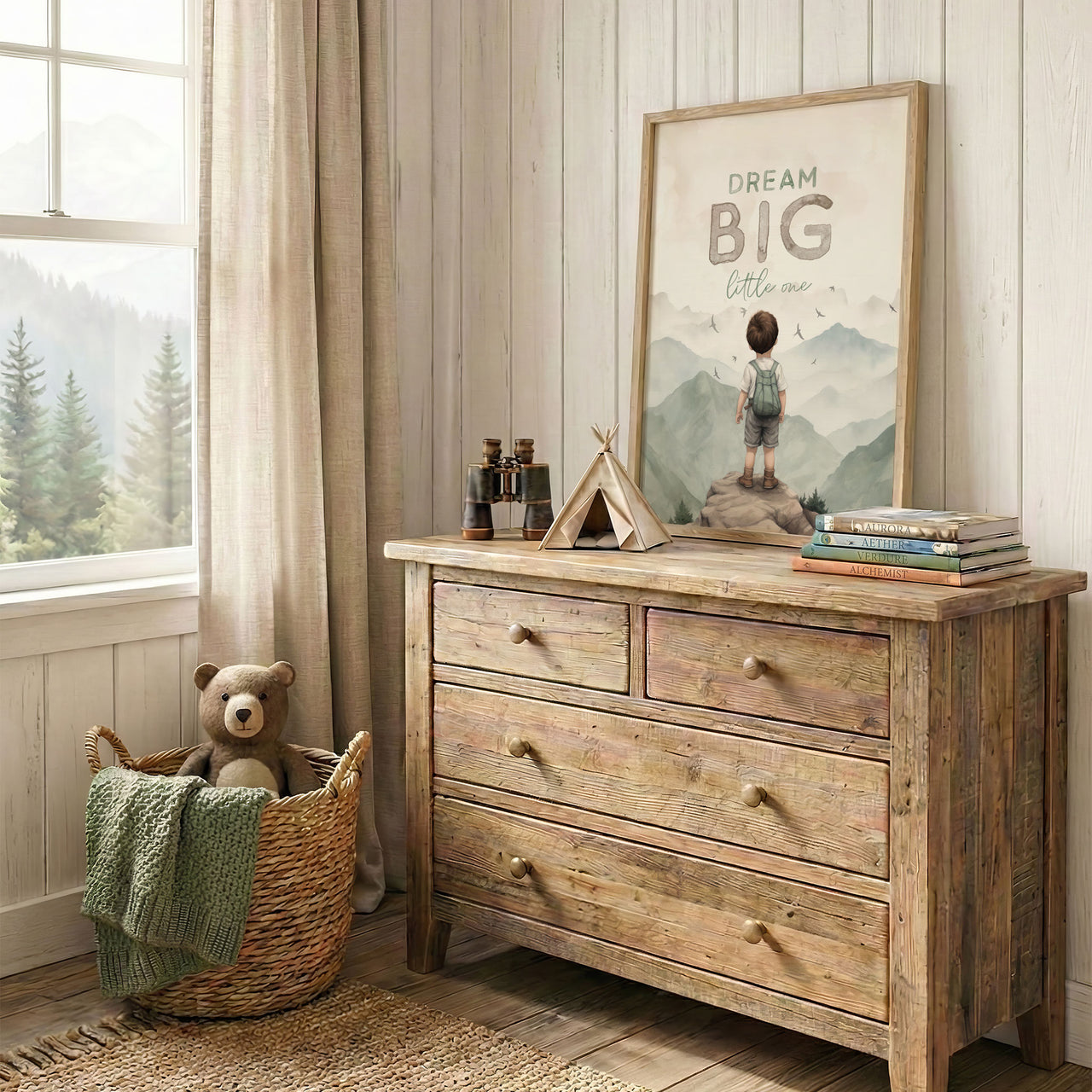 Boy Explorer Mountain Print – Adventure Boys Room Wall Art