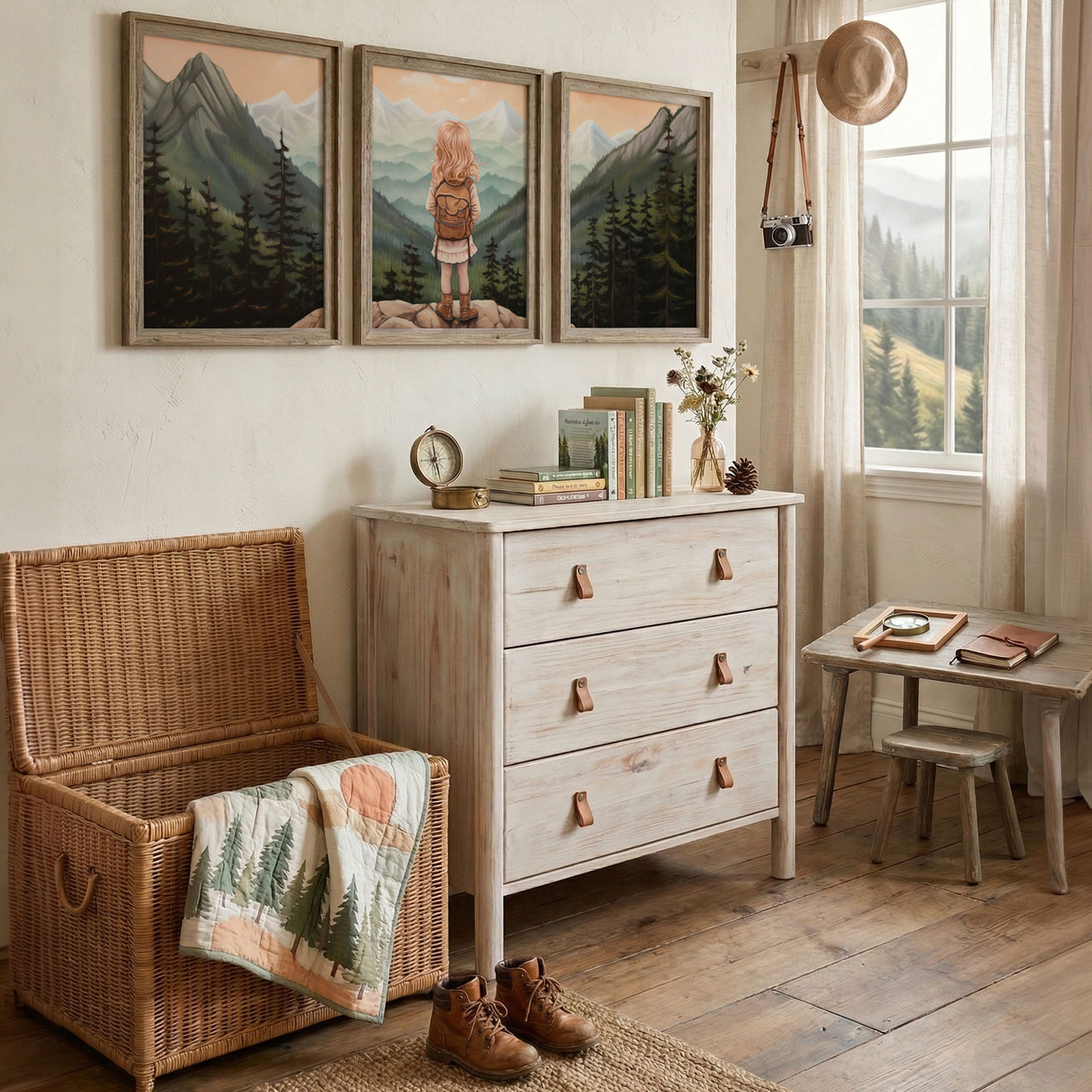 Girl Adventurer Mountain Vista Wall Art – Vintage Nursery Print • Set of 3