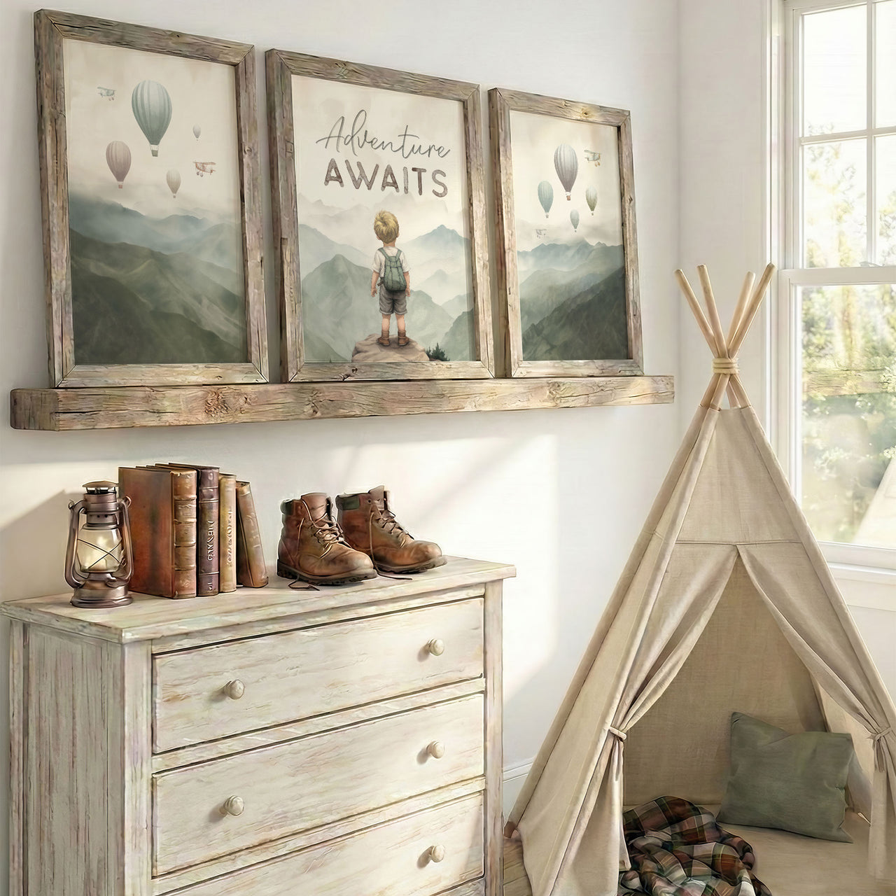 Blonde Boy Explorer Wall Art – Adventure Boys Room Print • Set of 3