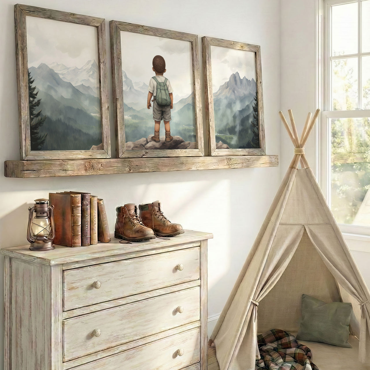 Black Boy Adventure Wall Art – Mountain Kids Room Print • Set of 3