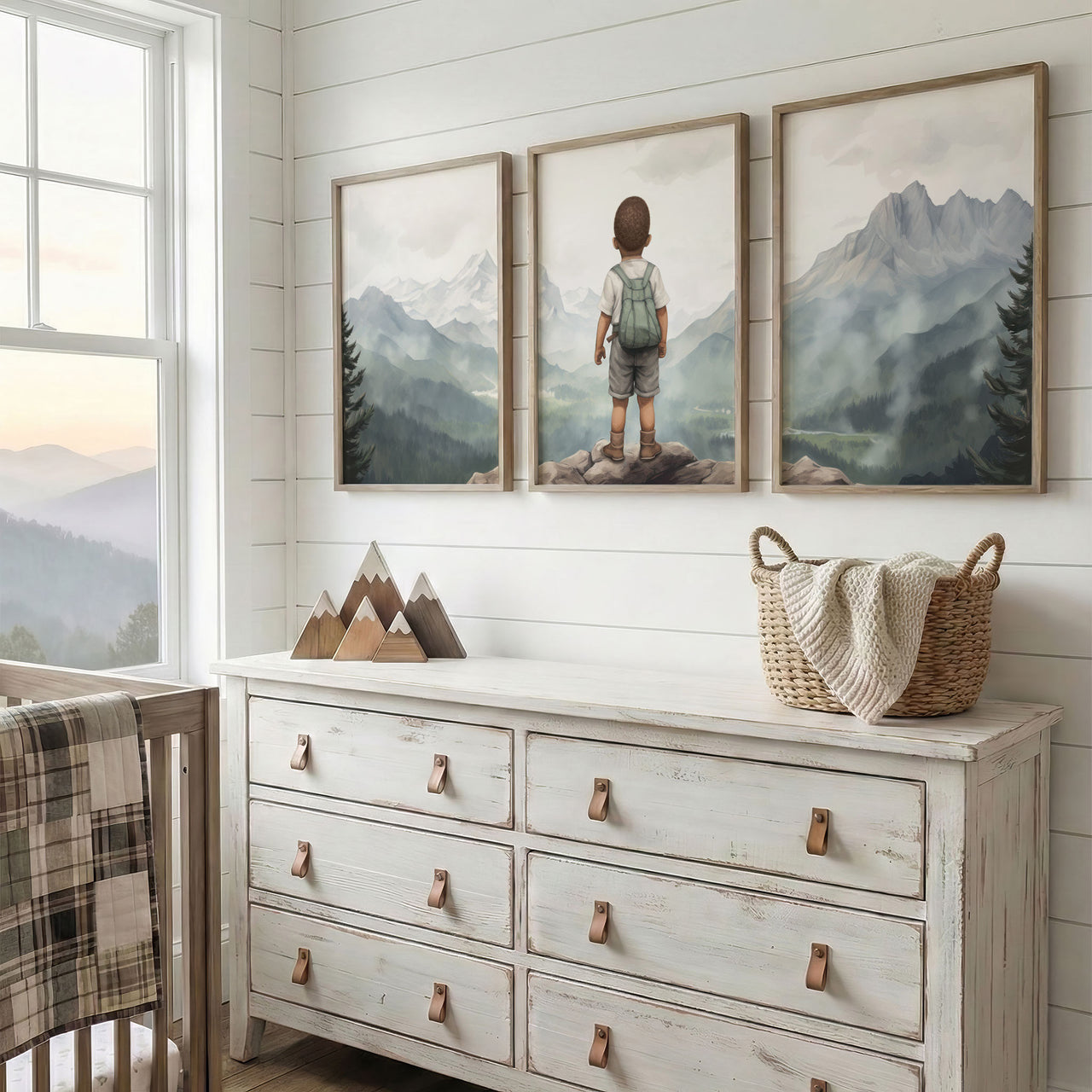 Black Boy Adventure Wall Art – Mountain Kids Room Print • Set of 3