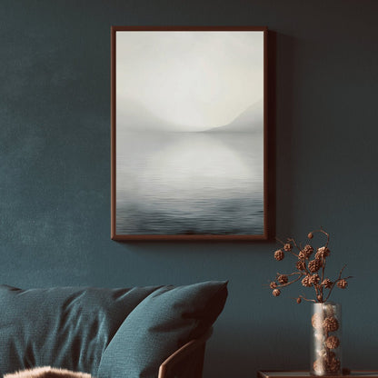Abstract Lake and Mountains Wall Art, Elegant Black & White Landscape - WildfieldPrints