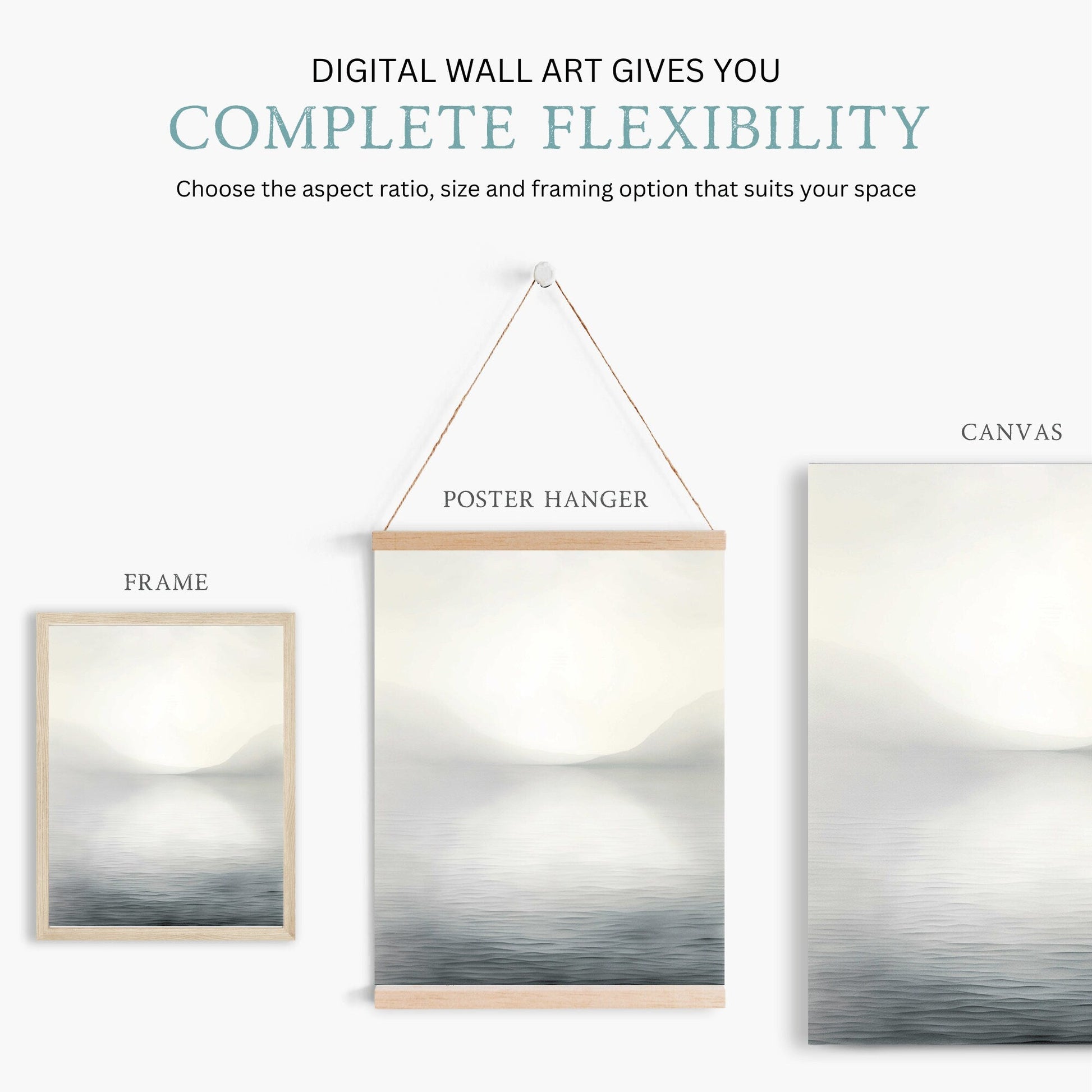 Abstract Lake and Mountains Wall Art, Elegant Black & White Landscape - WildfieldPrints