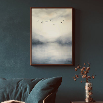 Abstract Lake & Birds Wall Art, Watercolor Landscape Decor, Nature Print - WildfieldPrints
