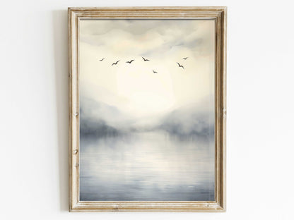 Abstract Lake & Birds Wall Art, Watercolor Landscape Decor, Nature Print - WildfieldPrints