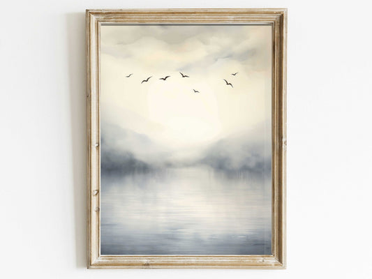 Abstract Lake & Birds Wall Art, Watercolor Landscape Decor, Nature Print - WildfieldPrints