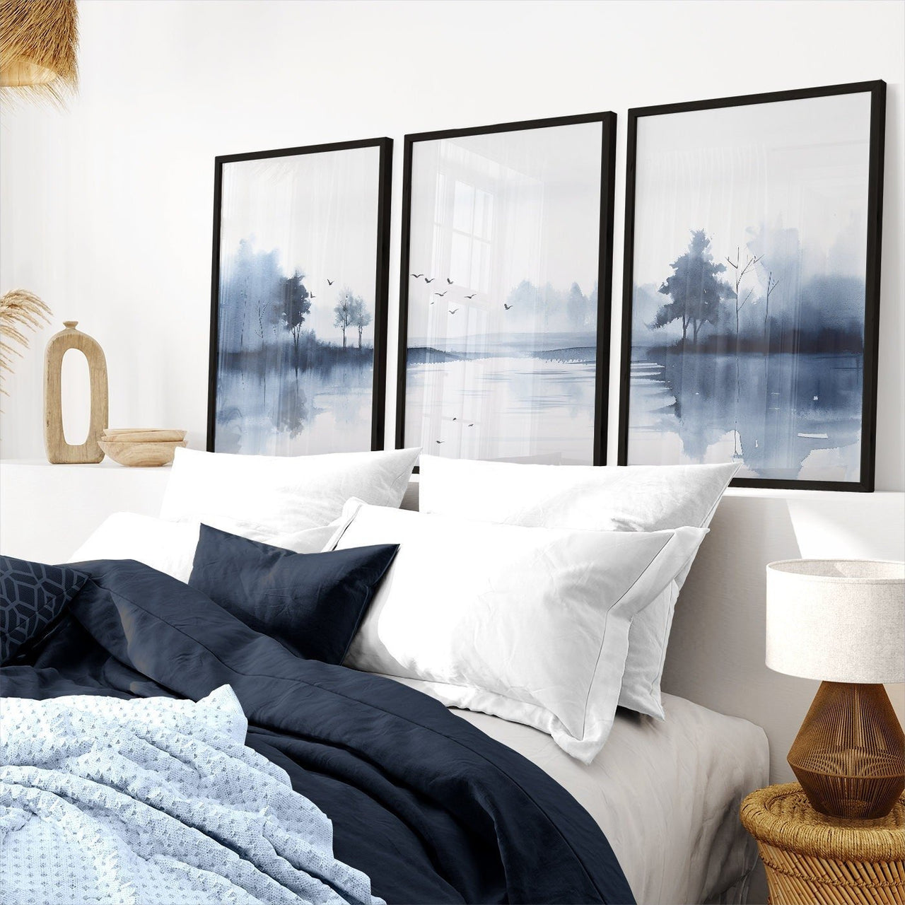 Misty Lake Wall Art – Nature Living Room Print • Set of 3