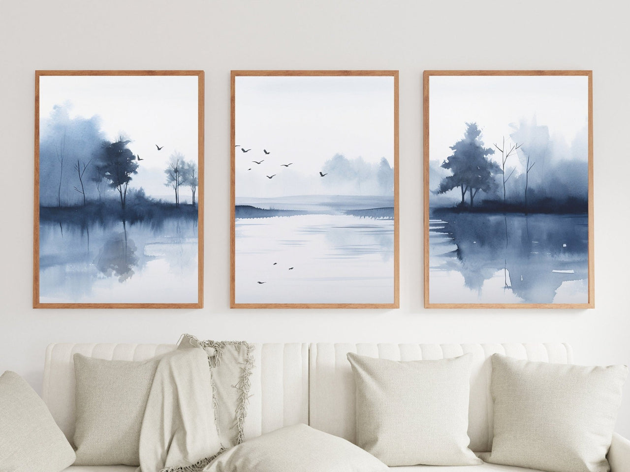 Misty Lake Wall Art – Nature Living Room Print • Set of 3