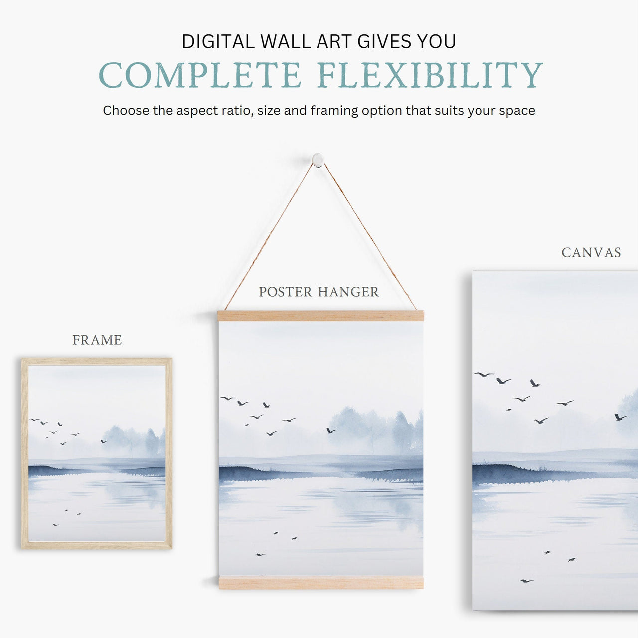 Misty Lake Wall Art – Nature Living Room Print • Set of 3