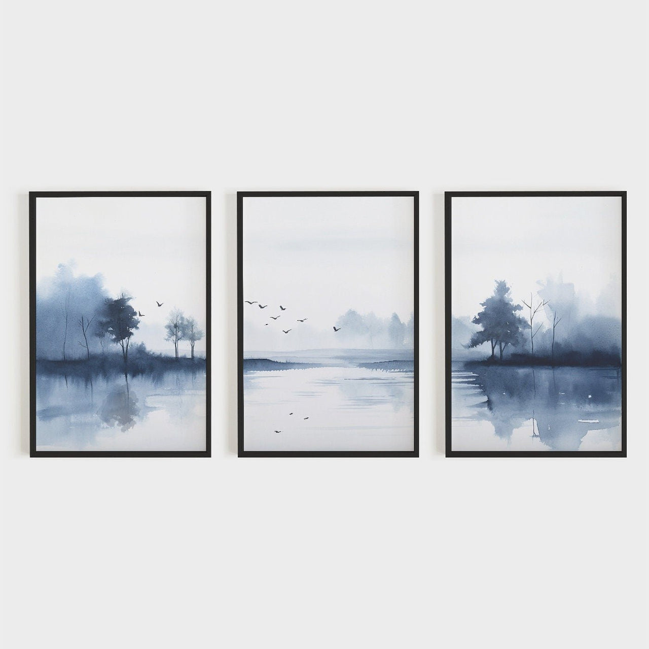 Misty Lake Wall Art – Nature Living Room Print • Set of 3