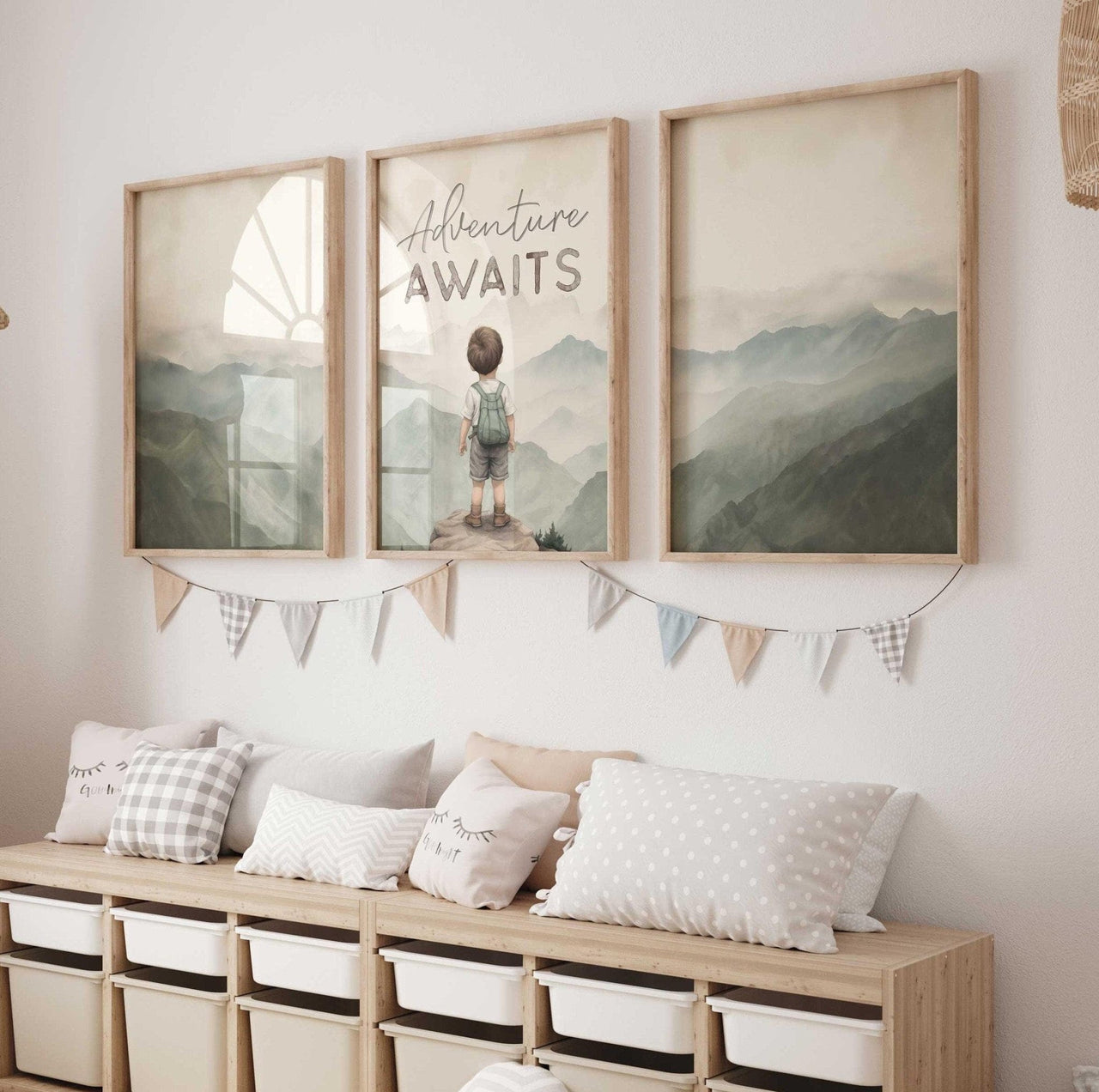 Adventure Awaits Wall Art – Nursery Quote Print for Boys Room • Set of 3