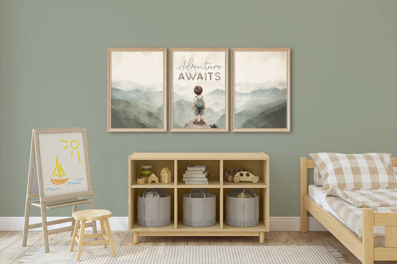 Adventure Awaits Wall Art – Nursery Quote Print for Boys Room • Set of 3