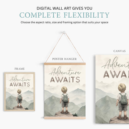 Adventure Awaits, Inspirational Boy Explorer Art, Mountain Nursery Decor - WildfieldPrints
