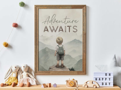 Adventure Awaits, Inspirational Boy Explorer Art, Mountain Nursery Decor - WildfieldPrints