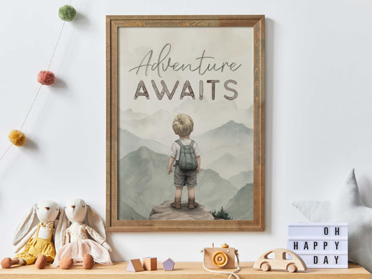 Adventure Awaits, Inspirational Boy Explorer Art, Mountain Nursery Decor - WildfieldPrints