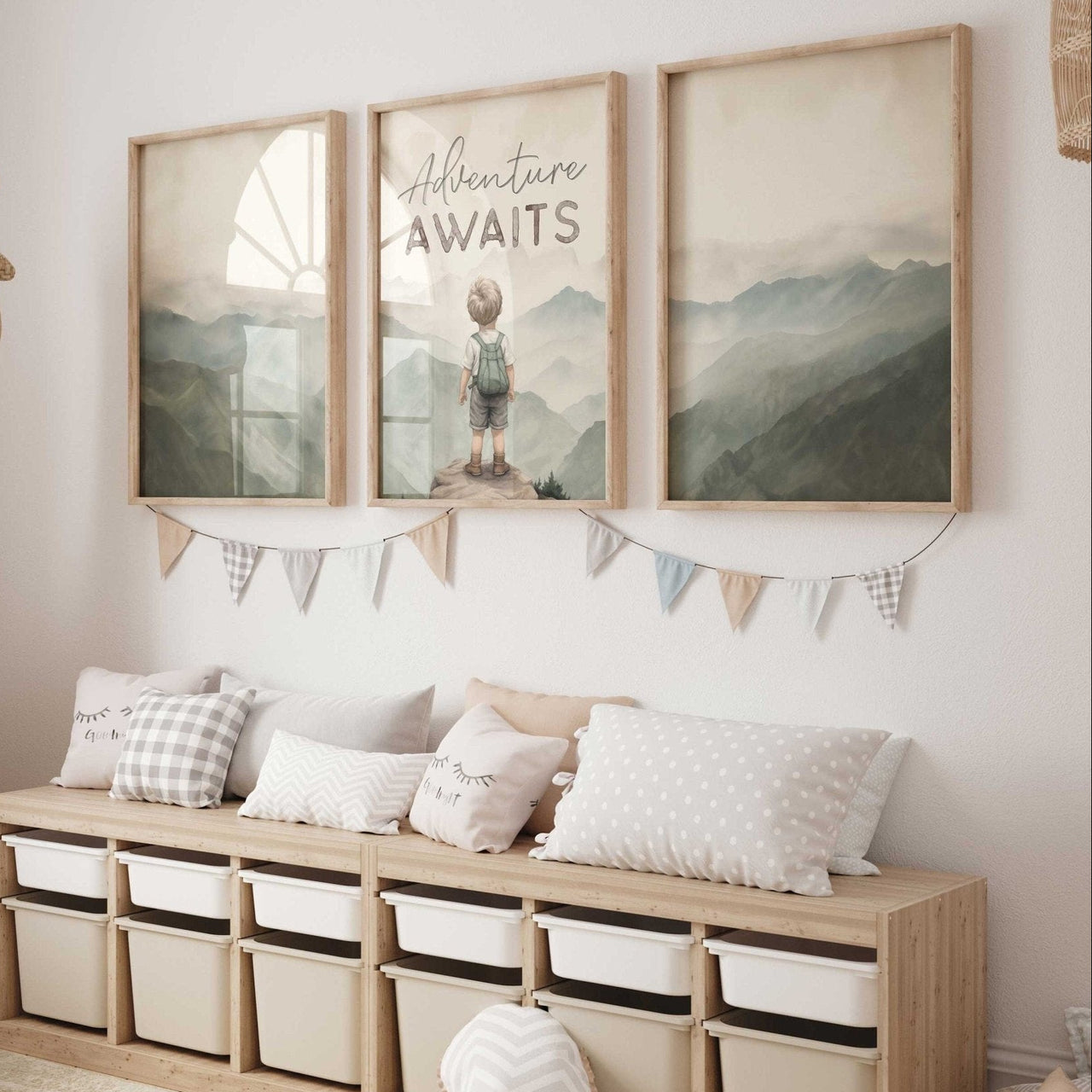Blonde Hair Adventure Wall Art – Boys Room Mountain Print • Set of 3