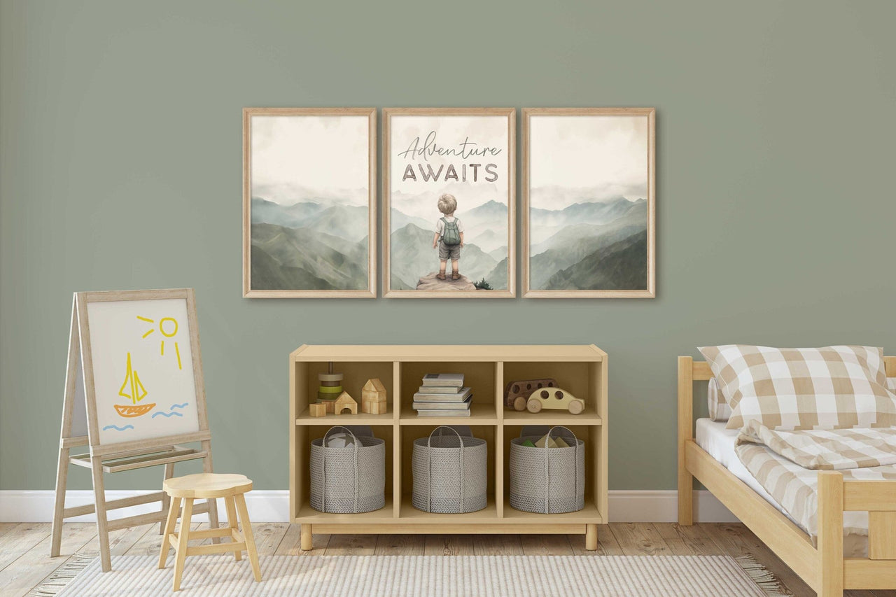 Blonde Hair Adventure Wall Art – Boys Room Mountain Print • Set of 3