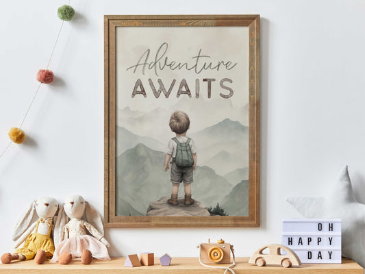 Adventure Awaits Print, Boy's Room Decor, Mountain - Themed Wall Art - WildfieldPrints