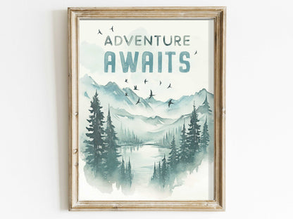 Adventure Awaits Print, Hiking & Camping Quote, Kids Room Decor, Inspirational Wall Art - WildfieldPrints