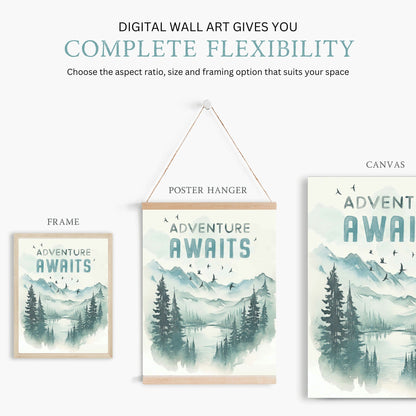 Adventure Awaits Print, Hiking & Camping Quote, Kids Room Decor, Inspirational Wall Art - WildfieldPrints