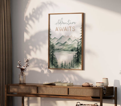 Adventure Awaits Print, Hiking & Camping Quote Wall Art, Vintage Nature Decor - WildfieldPrints