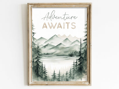 Adventure Awaits Print, Hiking & Camping Quote Wall Art, Vintage Nature Decor - WildfieldPrints