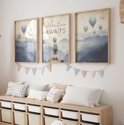 Adventure Awaits Prints, Boys Room Wall Decor, Mountains & Hot Air Balloons - WildfieldPrints