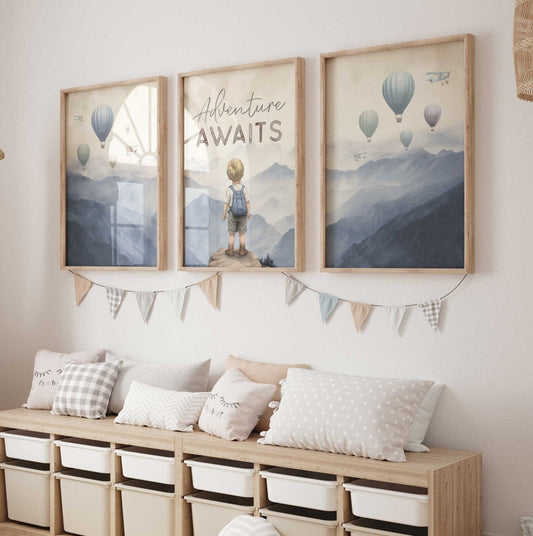 Adventure Awaits Prints, Boys Room Wall Decor, Mountains & Hot Air Balloons - WildfieldPrints