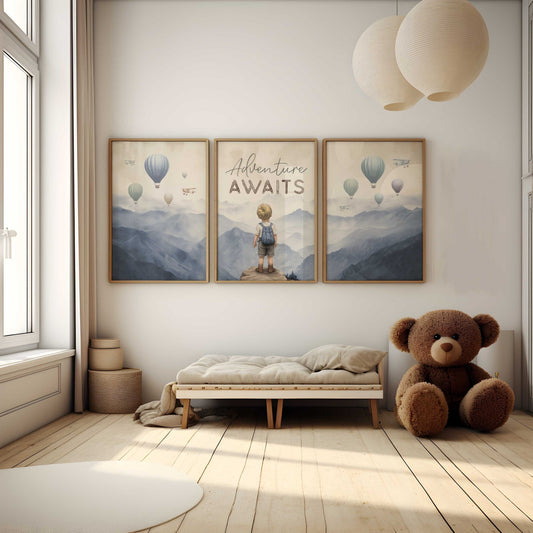 Hot Air Balloons Print – Adventure Boys Room Wall Art • Set of 3
