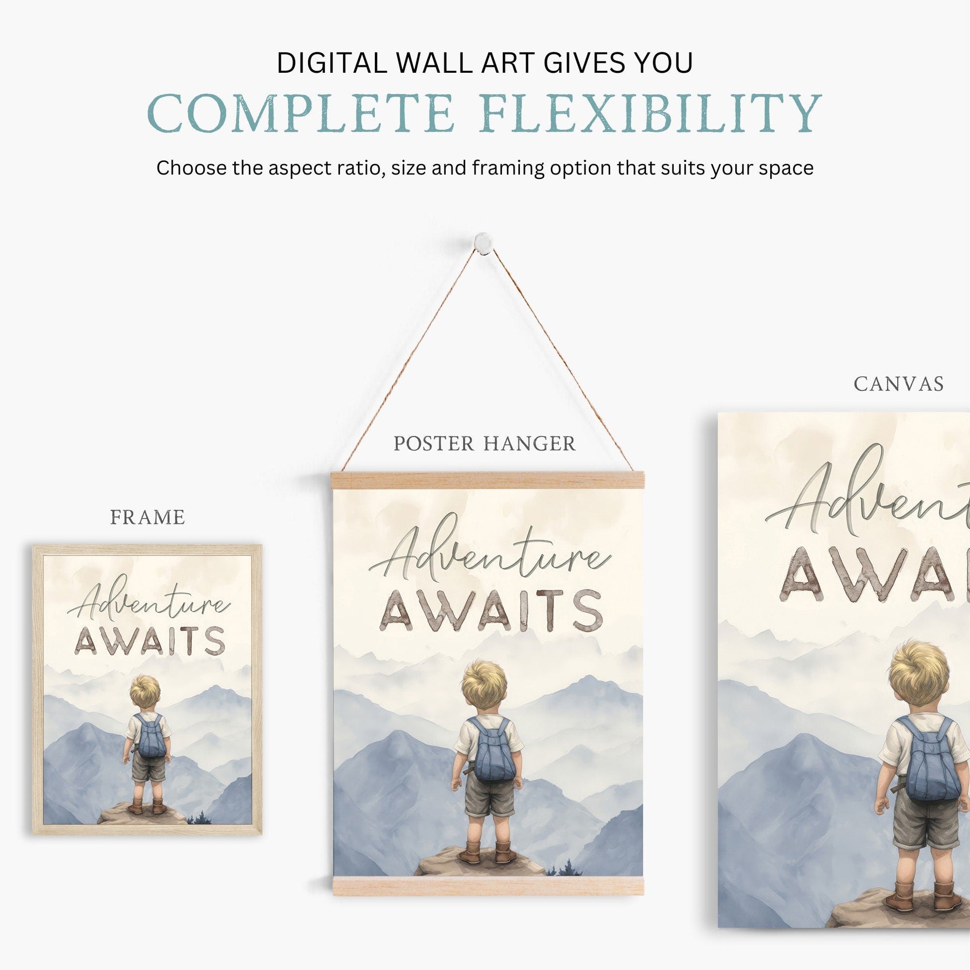 Adventure Awaits Prints, Boys Room Wall Decor, Mountains & Hot Air Balloons - WildfieldPrints