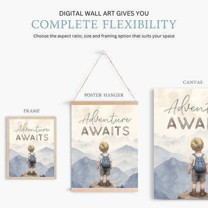 Adventure Awaits Prints, Boys Room Wall Decor, Mountains & Hot Air Balloons - WildfieldPrints
