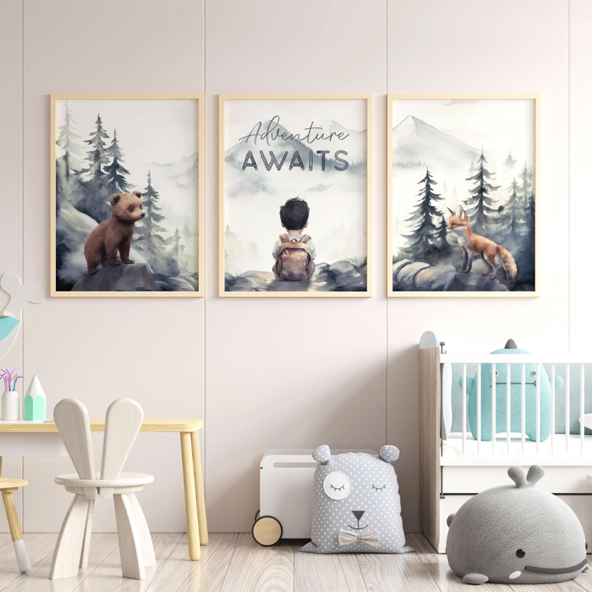 Adventure Awaits Prints, Woodland Animal Decor, Toddler Room Art - WildfieldPrints