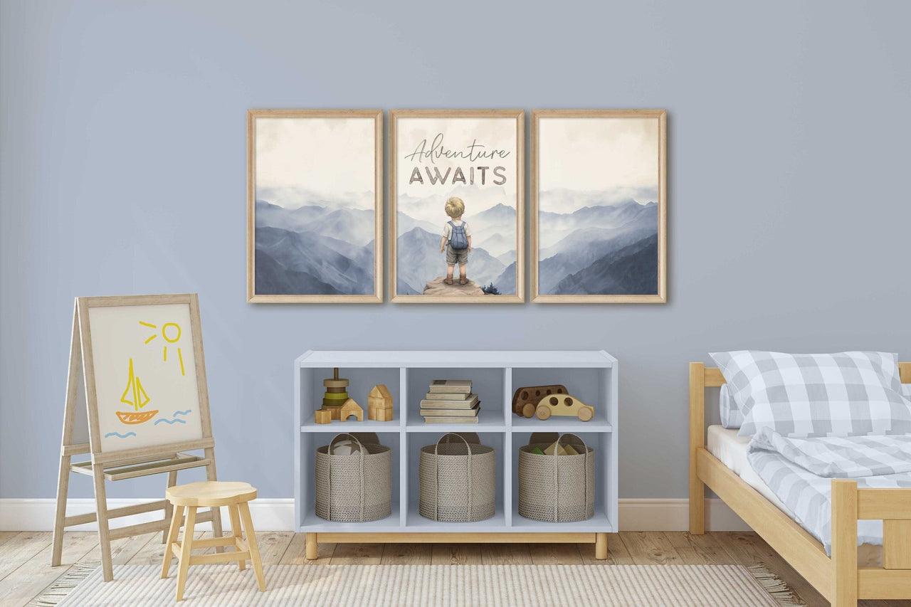 Blonde Boy Adventure Print – Mountain Boys Room Wall Art • Set of 3