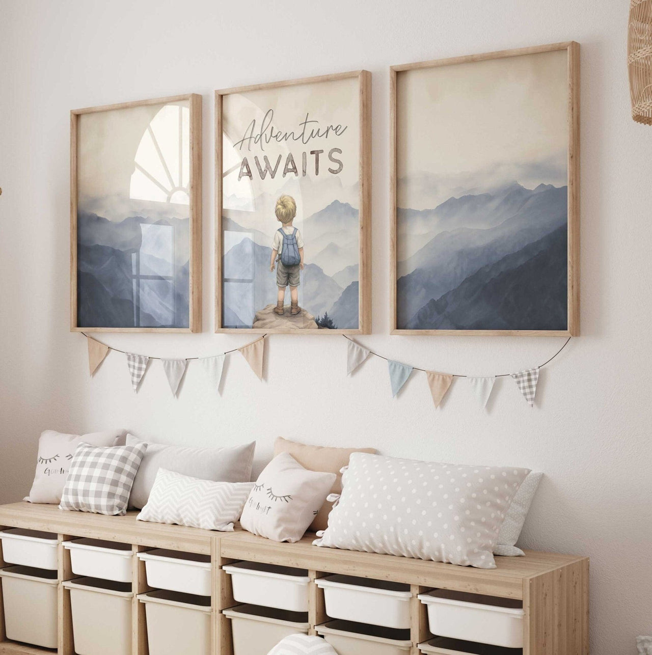 Blonde Boy Adventure Print – Mountain Boys Room Wall Art • Set of 3