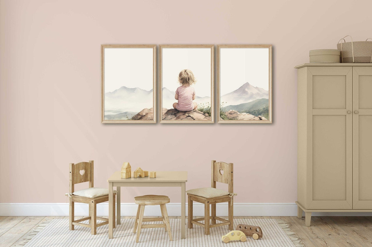 Mountain Wall Art – Adventure Nursery Decor for Girls Room • Set of 3